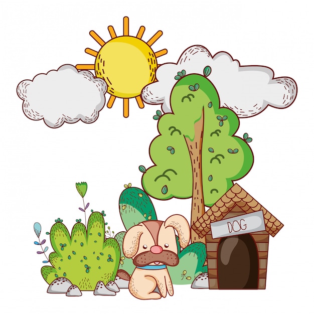 cute animals, little dog with house tree nature cartoon