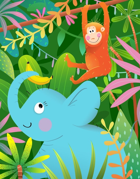 Cute Animals Monkey and Elephant in Playing in Jungle Forest Exotic colorful rainforest illustration for kids lush jungle and funny playful animals characters Hand drawn vector design for children