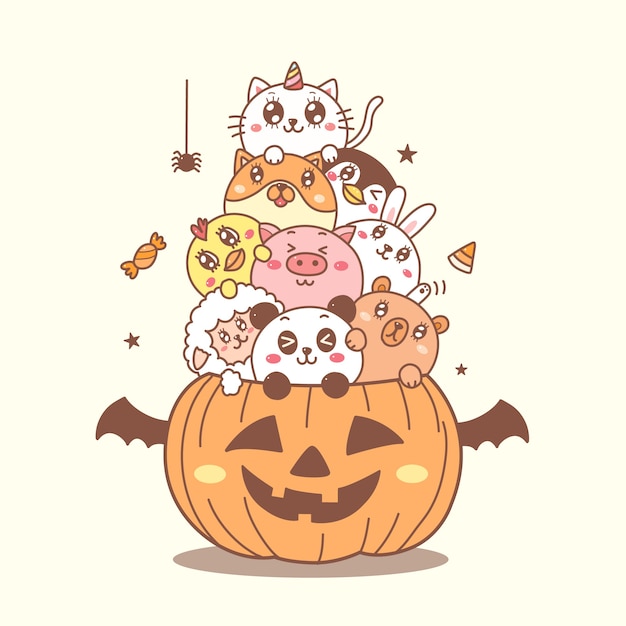 ハロウィーンの日のために描かれたカボチャ漫画のかわいい動物。