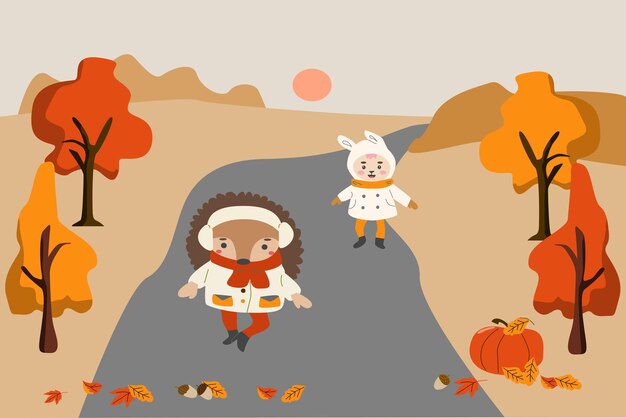 Vector cute animals outdoor walking autumn time