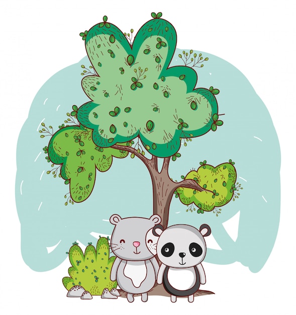 Simpatici animali, panda e albero cespuglio cartoon