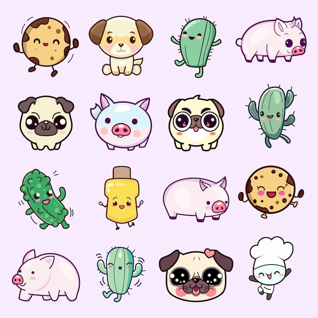 Vector cute animals plants and objects sticker