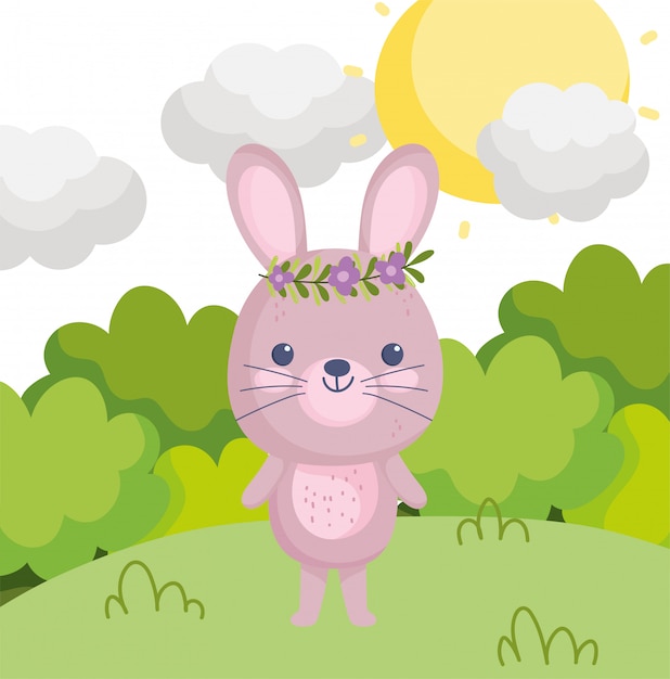 Вектор Милый кролик с цветами в голове трава кусты солнечный день мультфильм