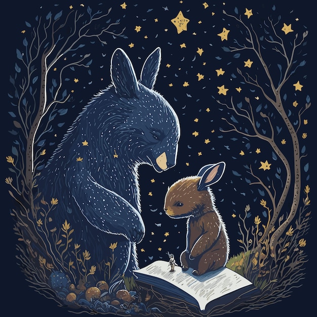 Simpatici animali leggono un libro di fiabe di notte sotto le stelle