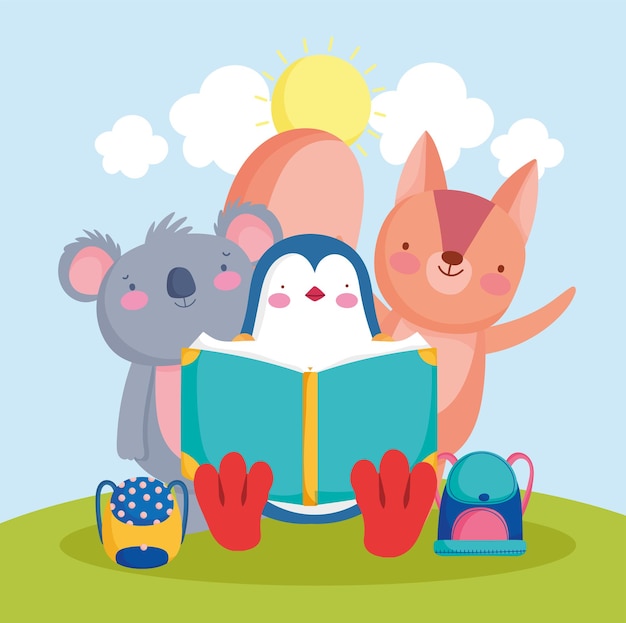 Cute animals reading a book