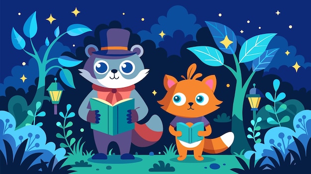별빛의 밤하늘 아래 책을 읽는 귀여운 동물 어린이의 터 일러스트레이션