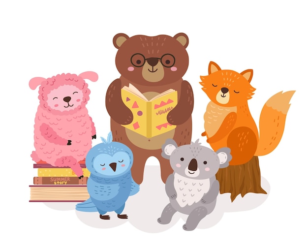 Cute animals reading Wild animal read books funny bear holding book School study library child characters Literature exact vector concept