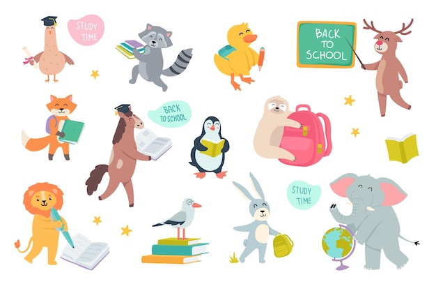 Simpatici animali a scuola con elementi dei cartoni animati in un pacchetto di uccelli dal design piatto è un procione di laurea