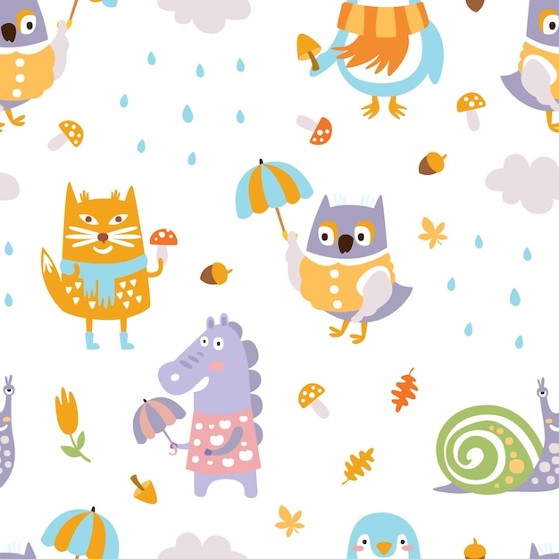 Cute animals seamless pattern bright childish design element can be used for fabric wallpaper