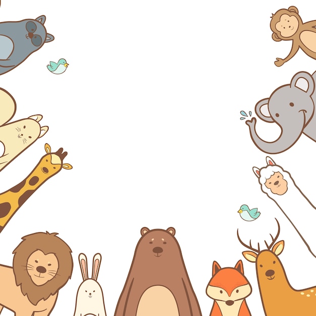 Cute animals set in hand drawn frame background