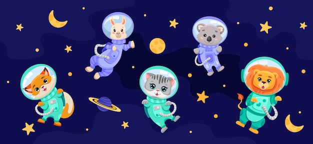 惑星と宇宙飛行士が子供のための衣装を着てオープンスペースに設定されたかわいい動物バナーテキスタイルプリント