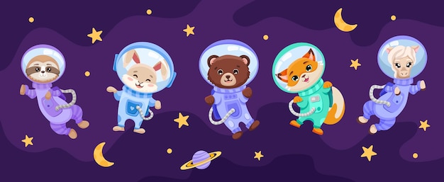 Cute animals set in open space with planets moon stars Astronauts in costumes for children banner