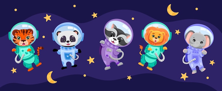 Vector cute animals set in open space with planets moon stars astronauts in costumes for children banner