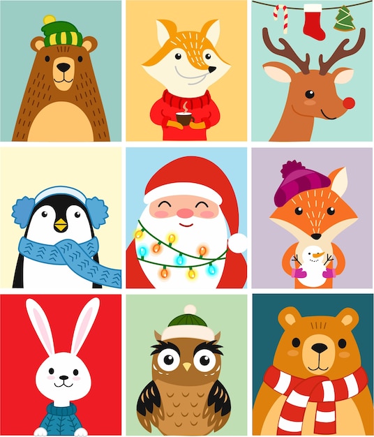 Cute animals Set of winter postcards 