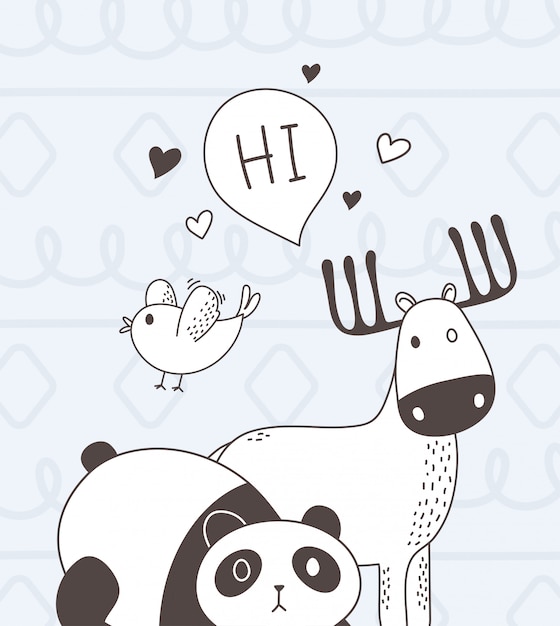 귀여운 동물 스케치 만화 사랑스러운 사슴 팬더 조류와 안녕하세요 거품
