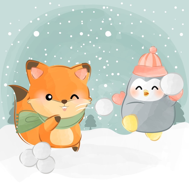 かわいい動物の雪合戦