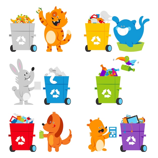 Cute animals sort waste vector cartoon characters set isolated on a white background