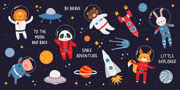 Cute animals in space Children vector illustration Large spacethemed set Flat style Banner