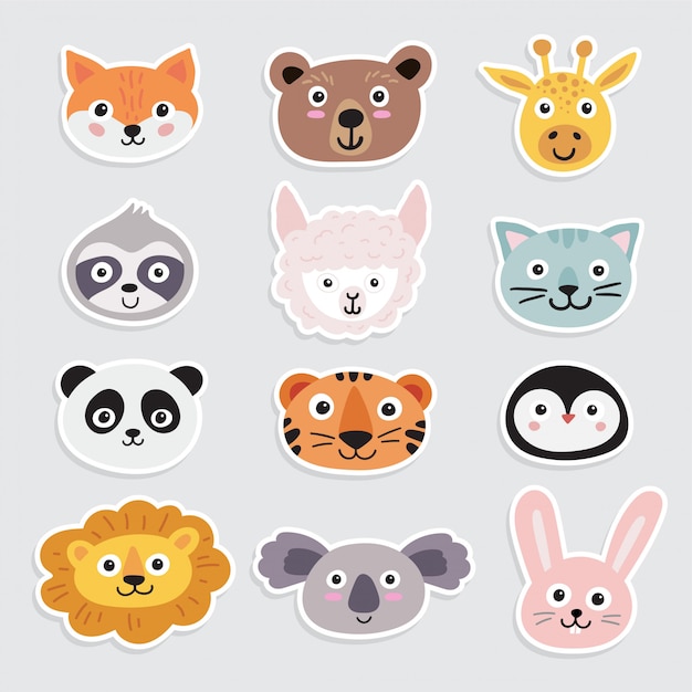 Vector cute animals stickers set. hand drawn characters