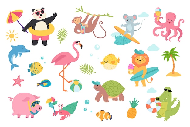 Симпатичные животные в летнем путешествии с элементами мультфильма в плоском дизайне панды на пляже для серфинга