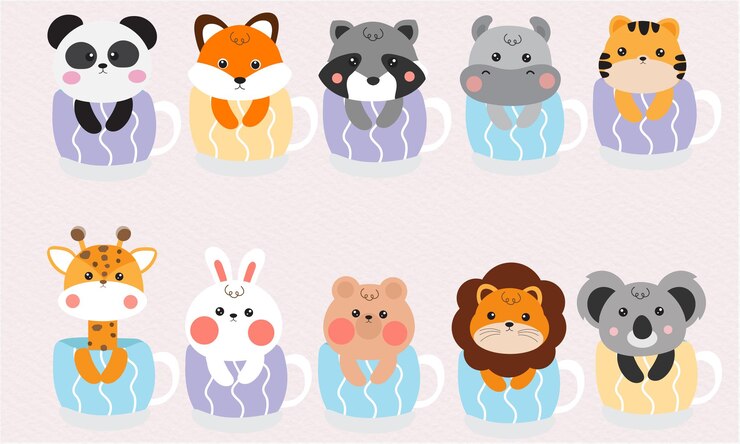 Vector お茶とコーヒーのカップの中の可愛い動物