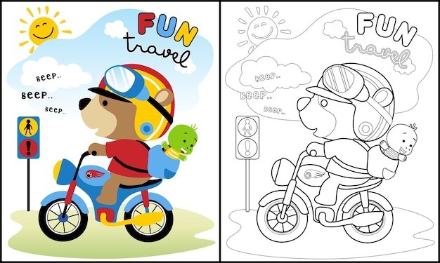 Vettore simpatici animali viaggiano cartoon con moto