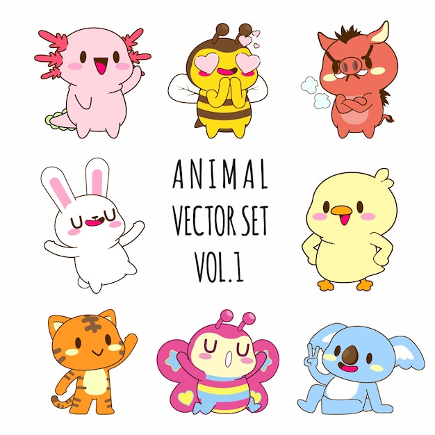 Cute animals vector illustration set