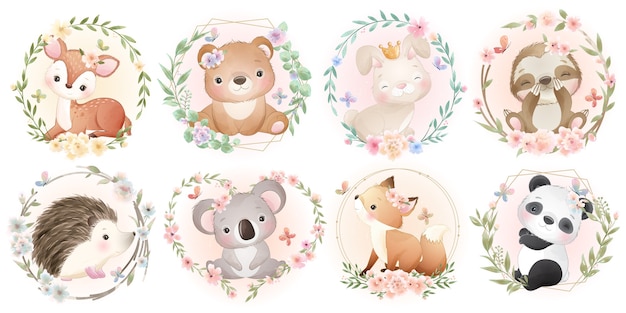 Vector cute  animals with floral collection