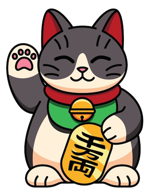 발을 들어 올린 귀여운 동물 일본 마네키 고양이 일러스트레이션 세트 아시아 행운의 동상