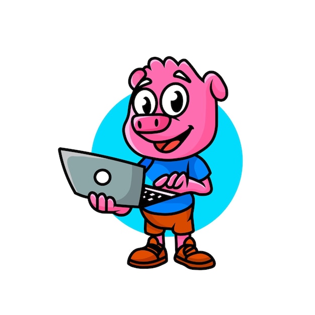 Vector cute animated little pig with computer in hand animated cartoon
