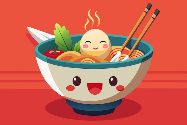 Vector cute animated ramen with happyfaced egg and chopsticks