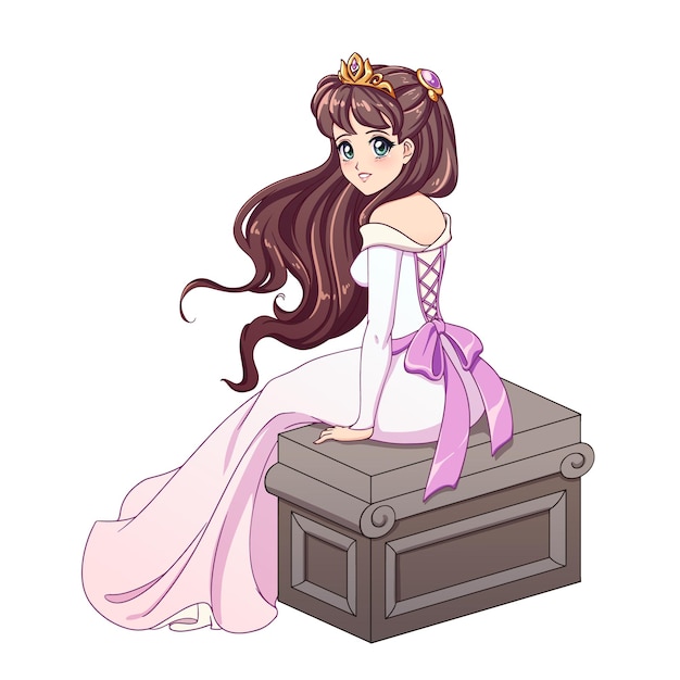 드레스를 입고 돌 벤치에 앉아 갈색 머리를 가진 귀여운 애니메이션 신부 공주.