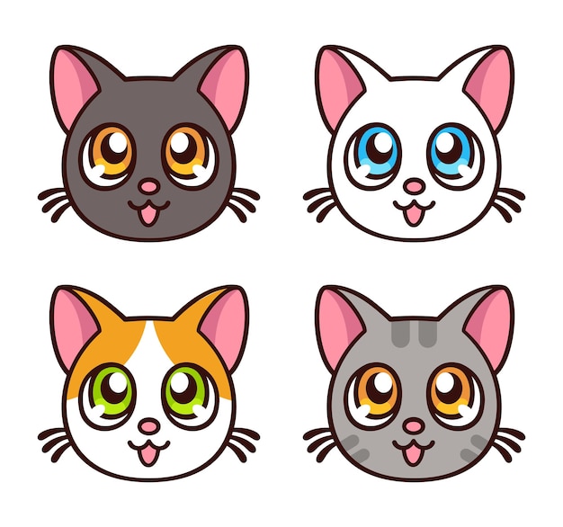 Vector cute anime cat faces set