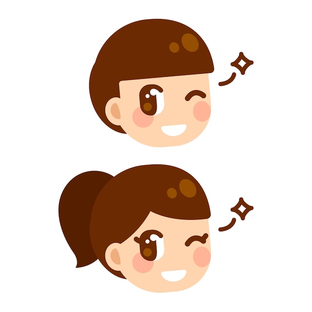 Cute anime children winking, boy and girl character face. manga style cartoon illustration.