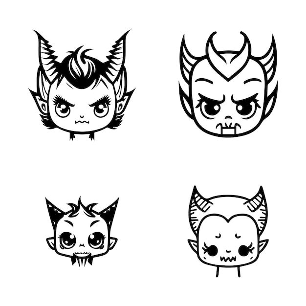 かわいいアニメ悪魔頭コレクション セット手描き線画イラスト
