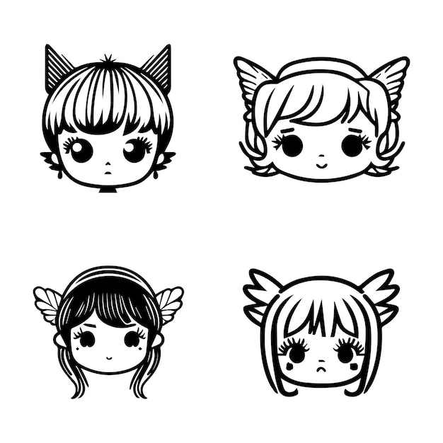 cute anime fairies princess angel head kawaii collection set hand drawn illustration