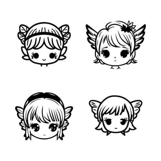 cute anime fairies princess angel head kawaii collection set hand drawn illustration