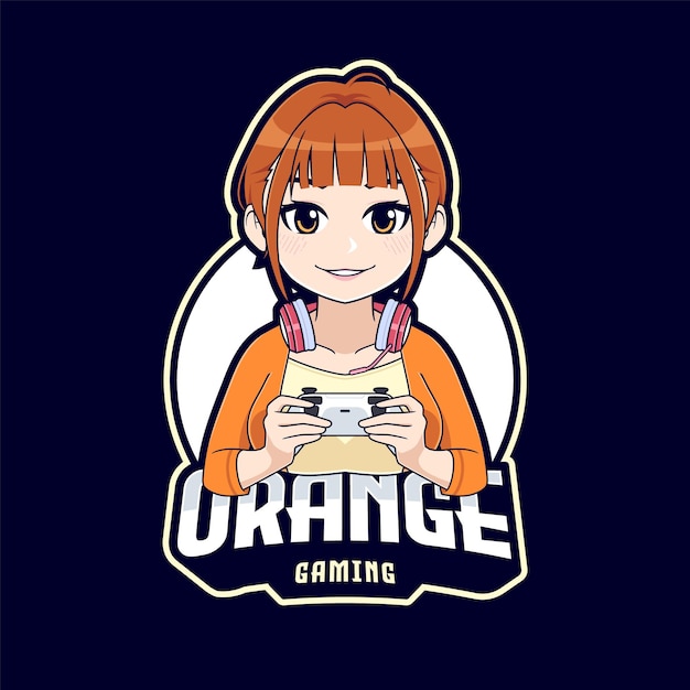 Ragazza carina anime gamer con logo mascotte personaggio dei cartoni animati joystick