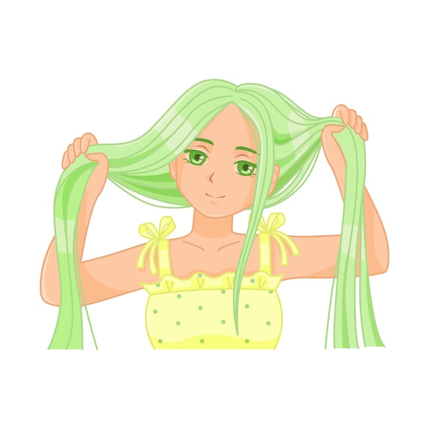 Cute anime girl holding her long green hair