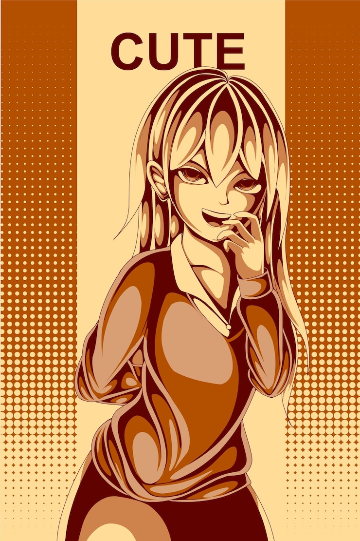 Vector cute anime girl retro halftone style illustration
