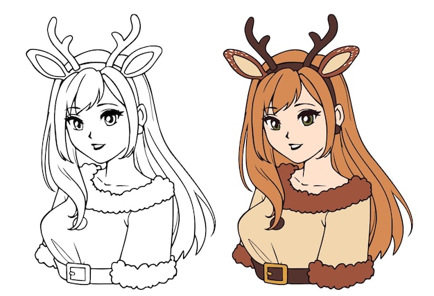 Cute anime girl wearing christmas deer costume contour picture for coloring book