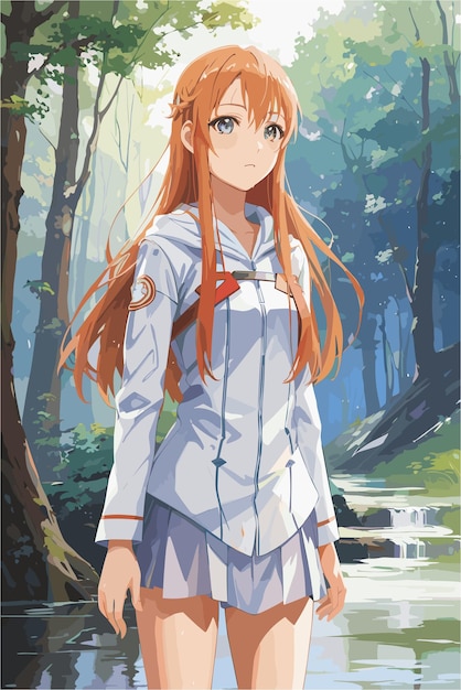 Cute anime girl with forest background