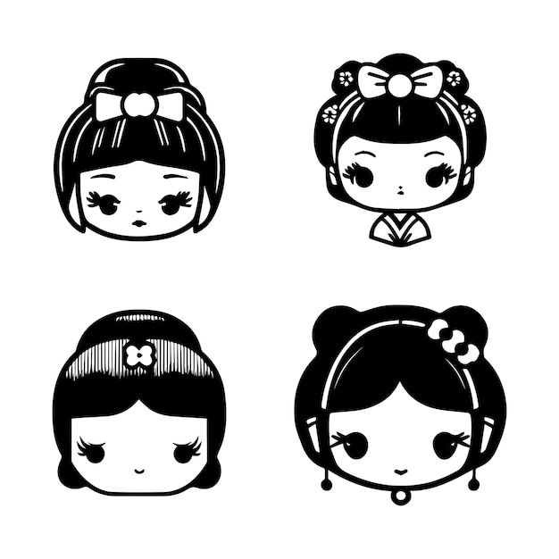 cute anime japanese geisha head kawaii collection set hand drawn illustration