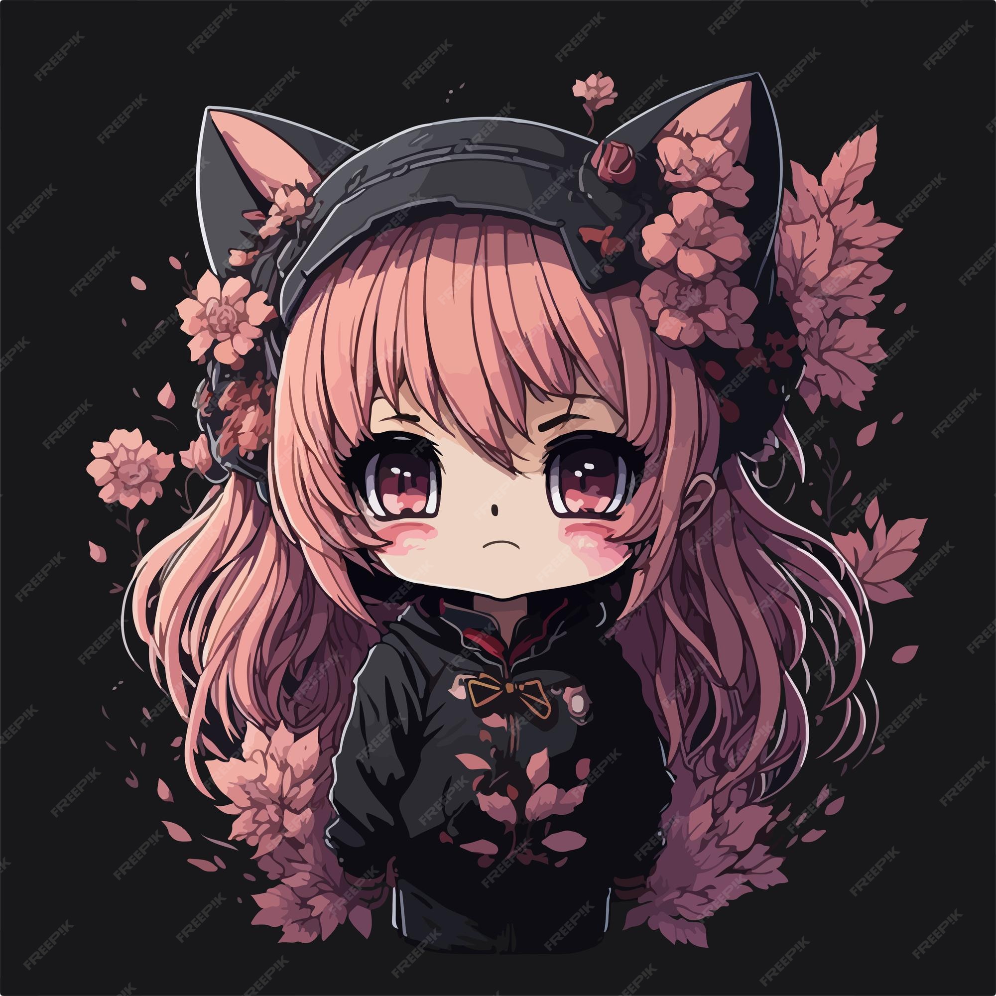 Chibi kawaii anime girl on pastel red/orange/pink background