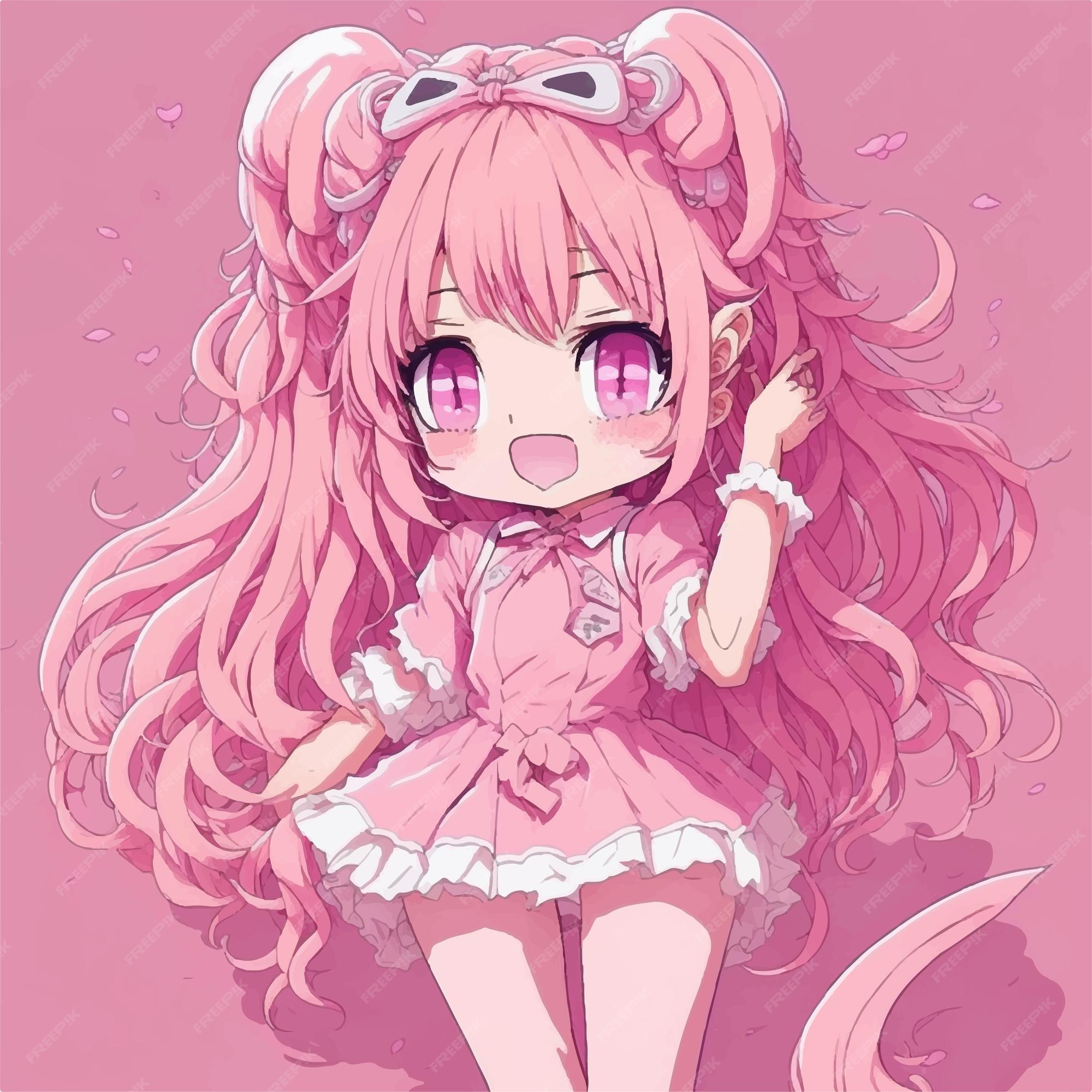 Chibi kawaii anime girl on pastel red/orange/pink background