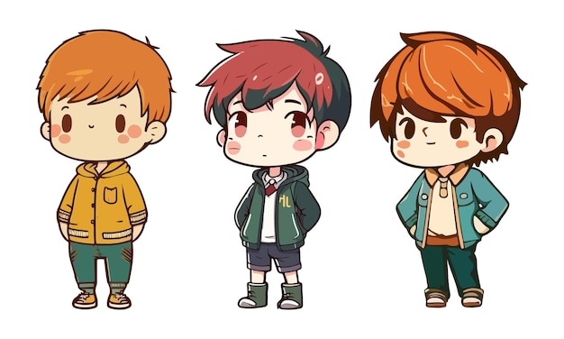 Cute anime kawaii cartoon of three boys with different hair styles and different expressions