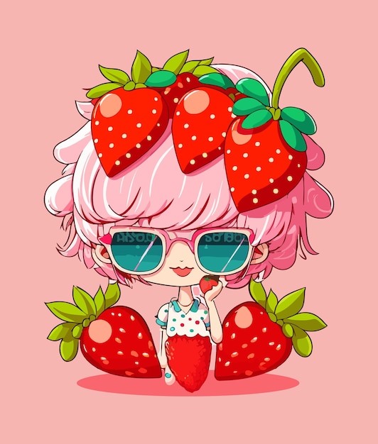 Simpatica ragazza anime e kawaii con fragola in testa e occhiali da sole