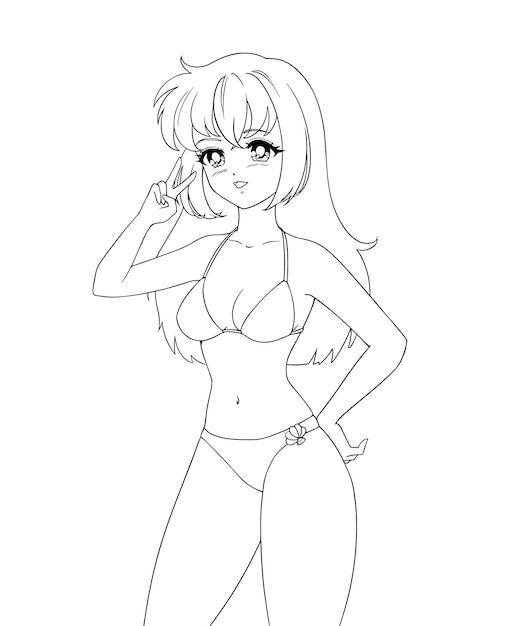 흰색 배경에 고립 된 수영복 비키니를 입고 귀여운 애니메이션 만화 소녀