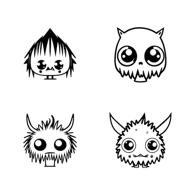 cute anime monster collection set hand drawn line art illustration