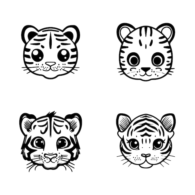 cute anime tiger head logo collection set hand drawn line art illustration